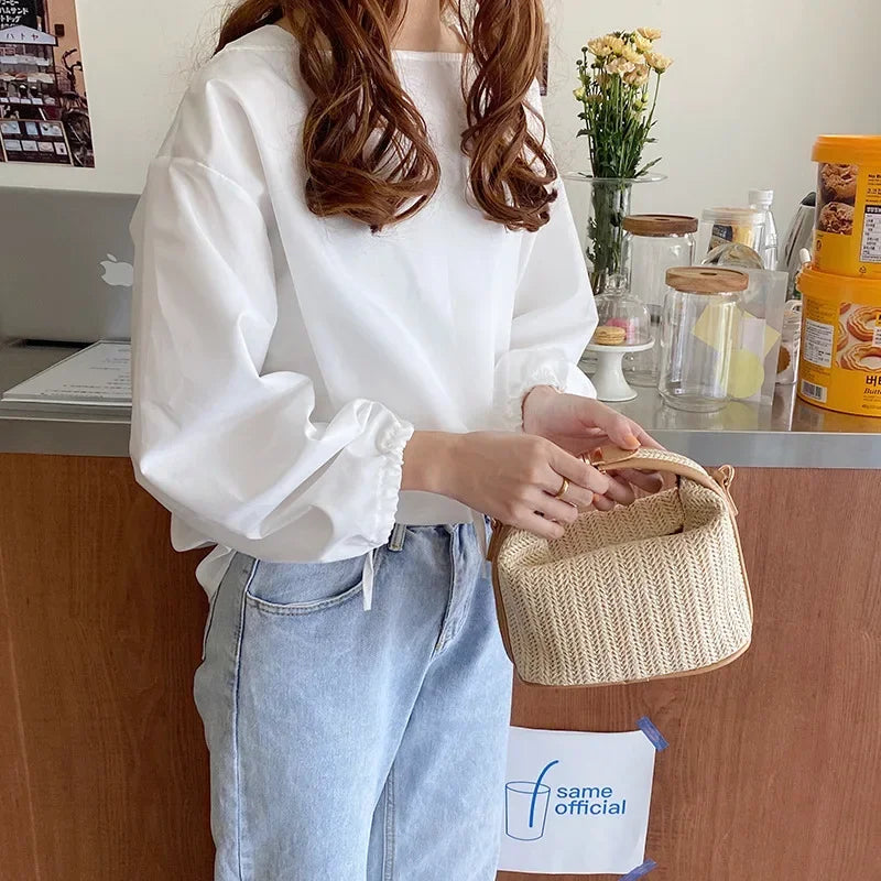 Small Straw Handbag Trendy Shoulder Bag Woven Bucket Crossbody Bag Casual Seaside Beach Bag Gilrs Handle Tote