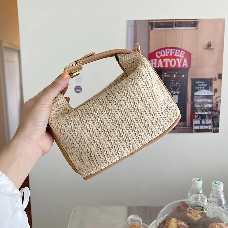 Small Straw Handbag Trendy Shoulder Bag Woven Bucket Crossbody Bag Casual Seaside Beach Bag Gilrs Handle Tote