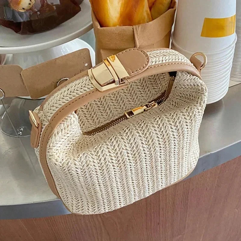 Small Straw Handbag Trendy Shoulder Bag Woven Bucket Crossbody Bag Casual Seaside Beach Bag Gilrs Handle Tote