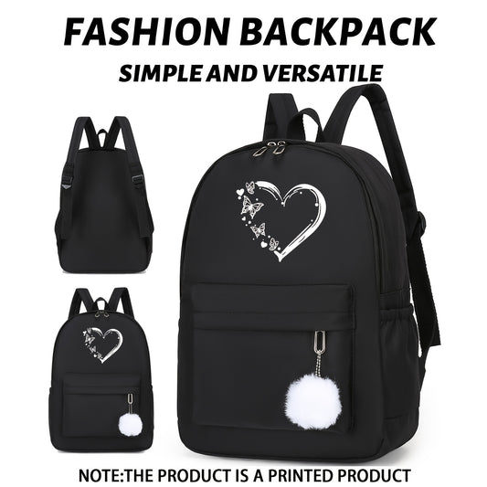Fashionable And Versatile Heart Butterfly Printed Casual Backpack, Student Backpack For Travel And Commuting, With Small Ball Pendant